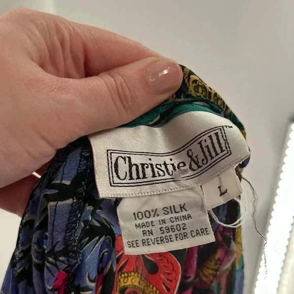 Christie & Jill top size L multicolored 100% silk floral watercolor 80s 90s - Picture 7 of 9
